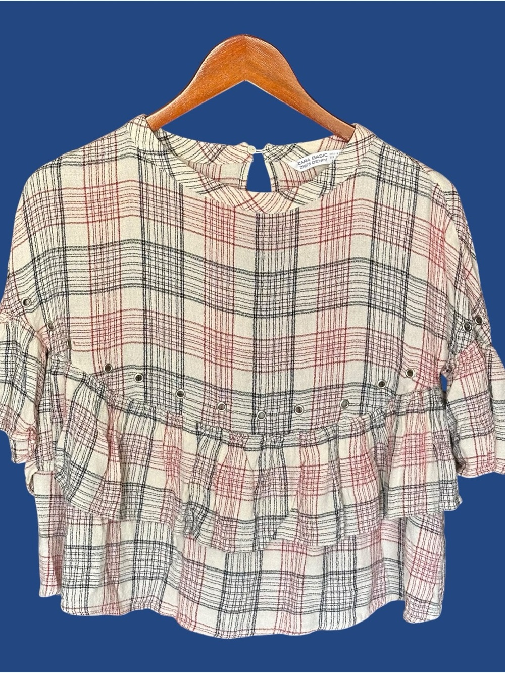 Zara Basic Plaid Ruffle Eyelet Top with Bell Sleeves -Cream/Red Size M